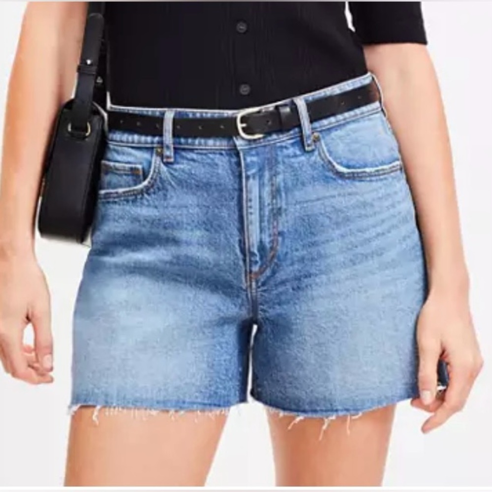 LOFT Destructed High Rise Cut Off Denim Shorts in Authentic Dark Wash